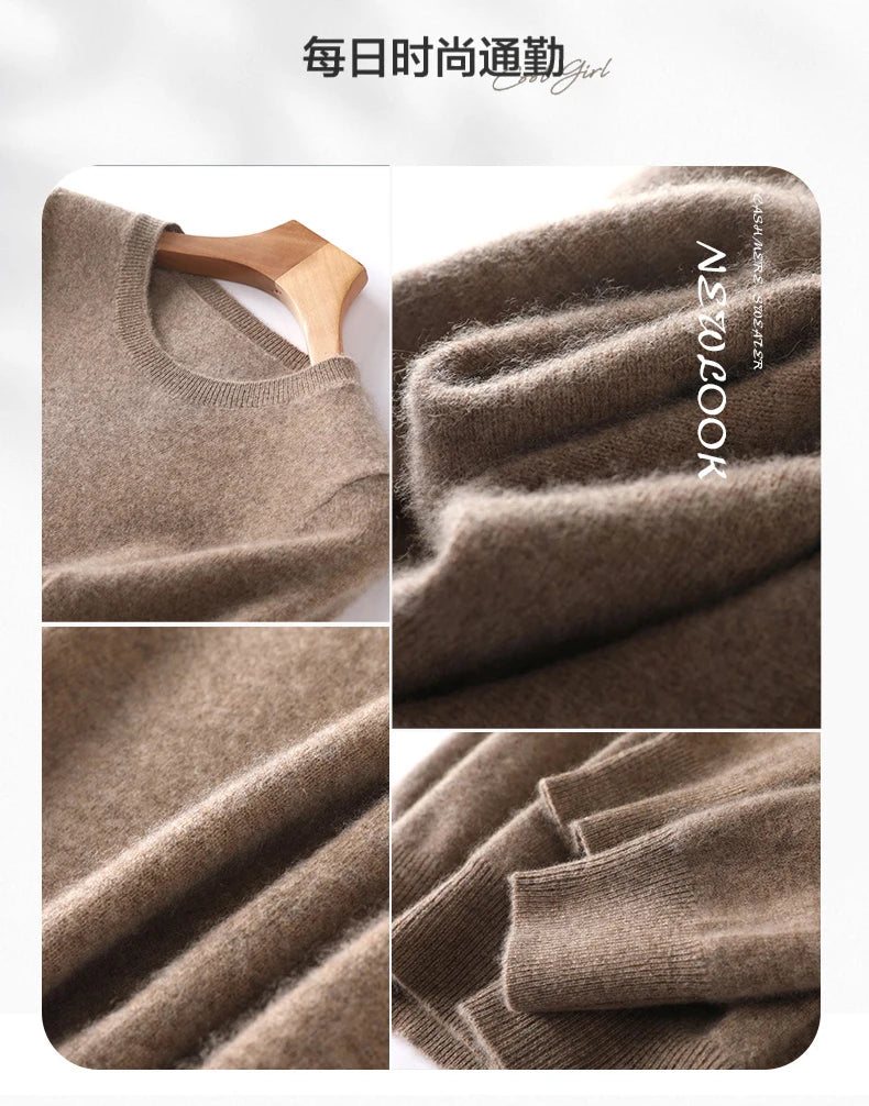 100%Merino Pure Wool Pullover Sweater For AutumnWinter Women's Round Neck Warm High-Quality Solid Color Basic Knitted Jumper Top