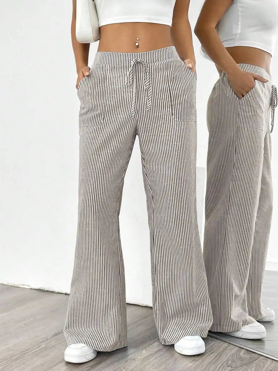 Ladies' Striped Elastic Waist Straight Leg Trousers With Pockets Summer Casual Long Pants Soft Breathable Wide Leg Trousers