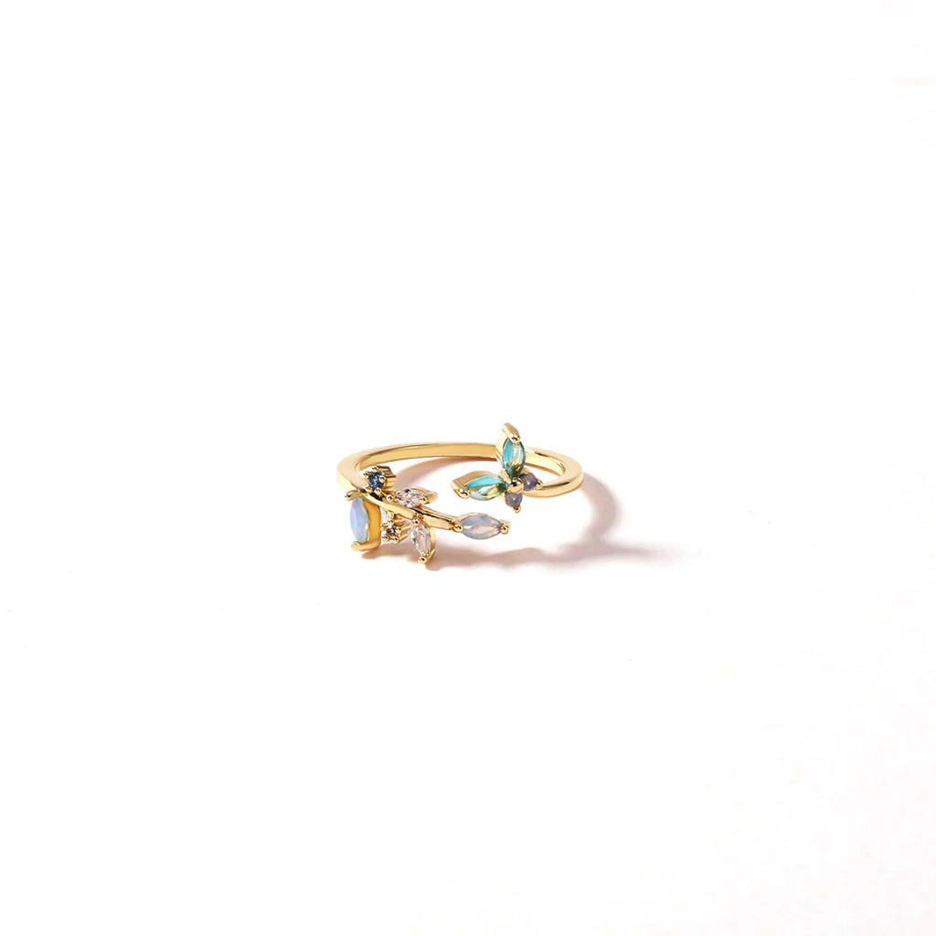 Vintage Blue Crystal Bow Knot Rings Women Gold Plated Open Adjustable Ring Sweet Heart Zircon Pearl Finger Ring Fashion Jewelry