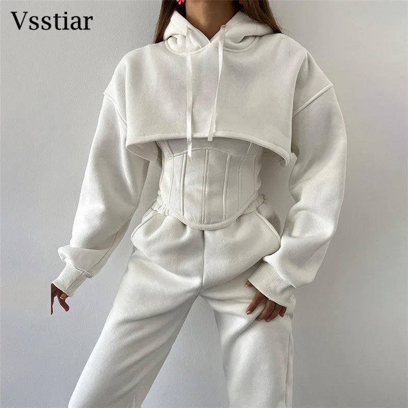 Vsstiar Women Three Piece Set Long Sleeve Hooded Crop Top Irregulary Tanks Pockets Pants Casual Tracksuit Fashion Female Clothes