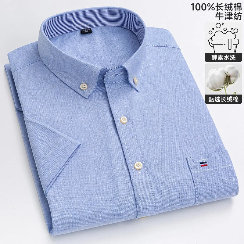 New 100% Cotton Oxford Men's Shirts Short Sleeve Plaid Soft Regular Fit Formal Dress Shirt Social Blouse Male Clothes 6XL 7XL