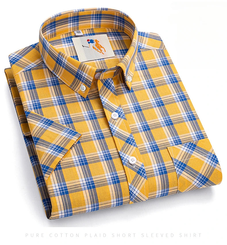 Fashion Korean Plus Size 8XL 100%Cotton Short Sleeve Shirts for Men Slim Fit Formal Plain Shirt Plaid Hawaiian Shirt Casual Top