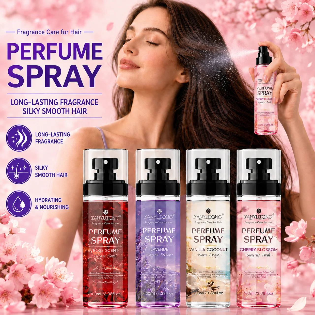 Four Scented Spray Options for Hair Care, Featuring Long-Lasting Fragrance, Moisturizing and Nourishing Properties, and a Silky,