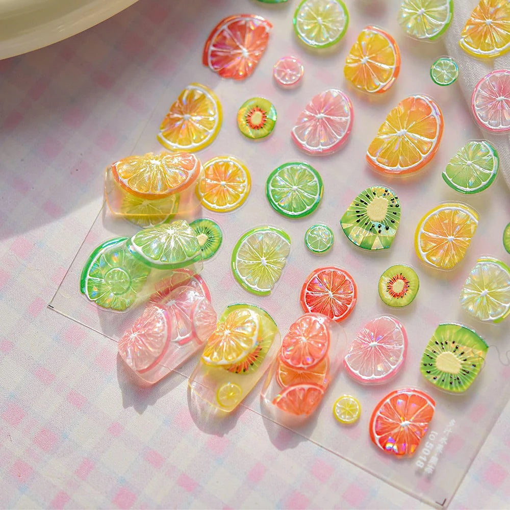 5D Fruit Nail Art Stickers Pomelo/Watermelon/Lemon Decals Nail Sticker Shiny Summer Embossed Acrylic Nail Supplies Charms Slider