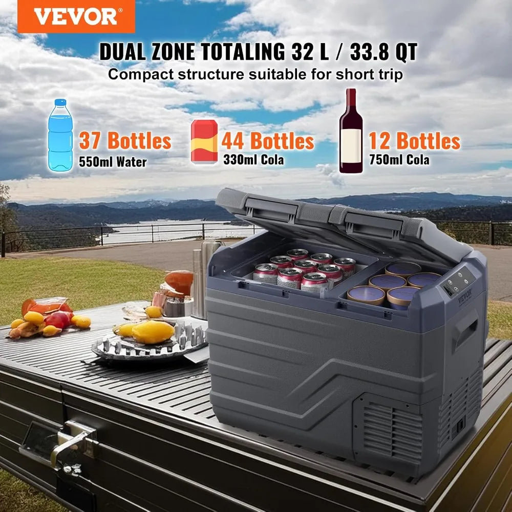 32L Dual Zone Car Refrigerator, Portable Freezer, -20°C to 20°C, 12/24V DC & 100-240V AC, Compressor Cooler for Camping RV