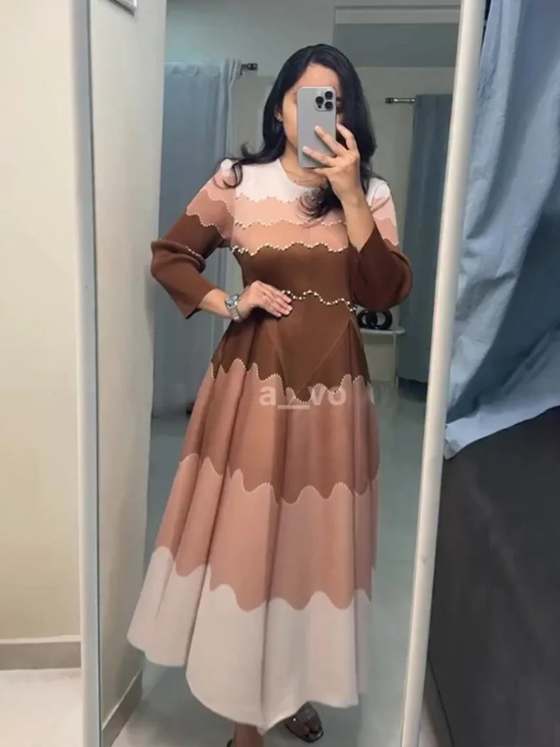 EGRM Pleated Party Dress Women's High Quality Beaded Color Block Long Sleeve Loose Fit Flared Maxi Evening Dresses 9R5303