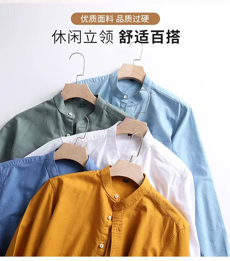 2027 Cotton Stand-up Neck Oxford Spinning Anti-wrinkle Casual  Spring  Autumn New Men's Shirt Jackets  Long Sleeve Shirt Men's