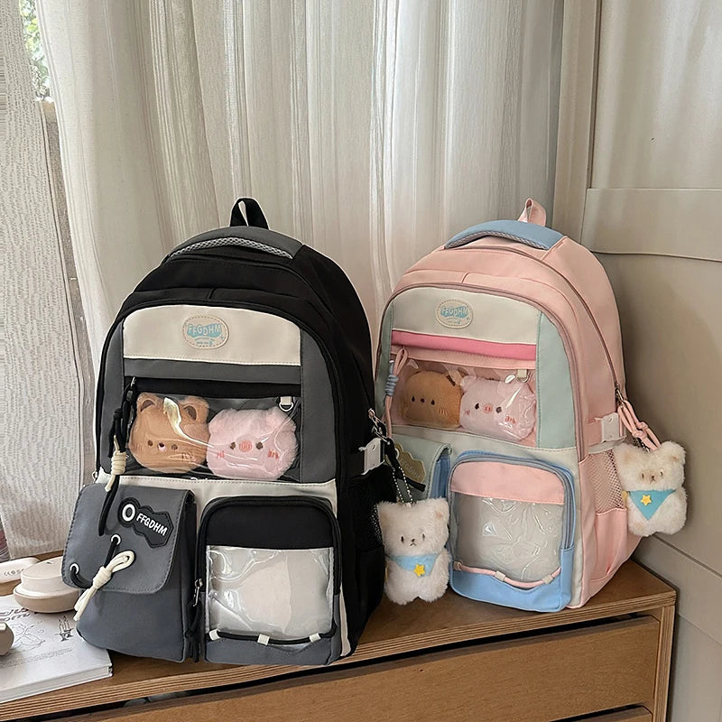 Women's Pastel Color Block Backpack Clear Display Pockets Plush Charm Bow Detail Adjustable Strap Casual Daily Itabag School Bag