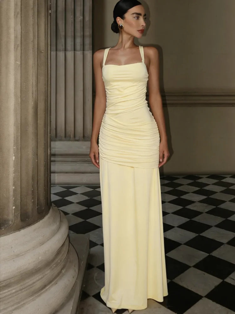 Sisterlinda Chic Elegant Backless Dress Women Folds Square Collar Low-Neck Sleeveless Birthday Party Solid Chic Banquet Vestidos