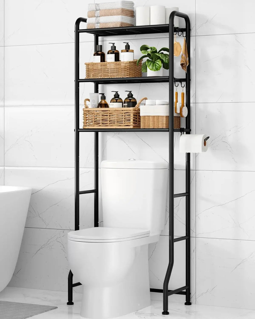 Over Toilet Storage Rack - 4 Tier Metal Bathroom Organizer Shelf with Paper Holder and Hooks, Black