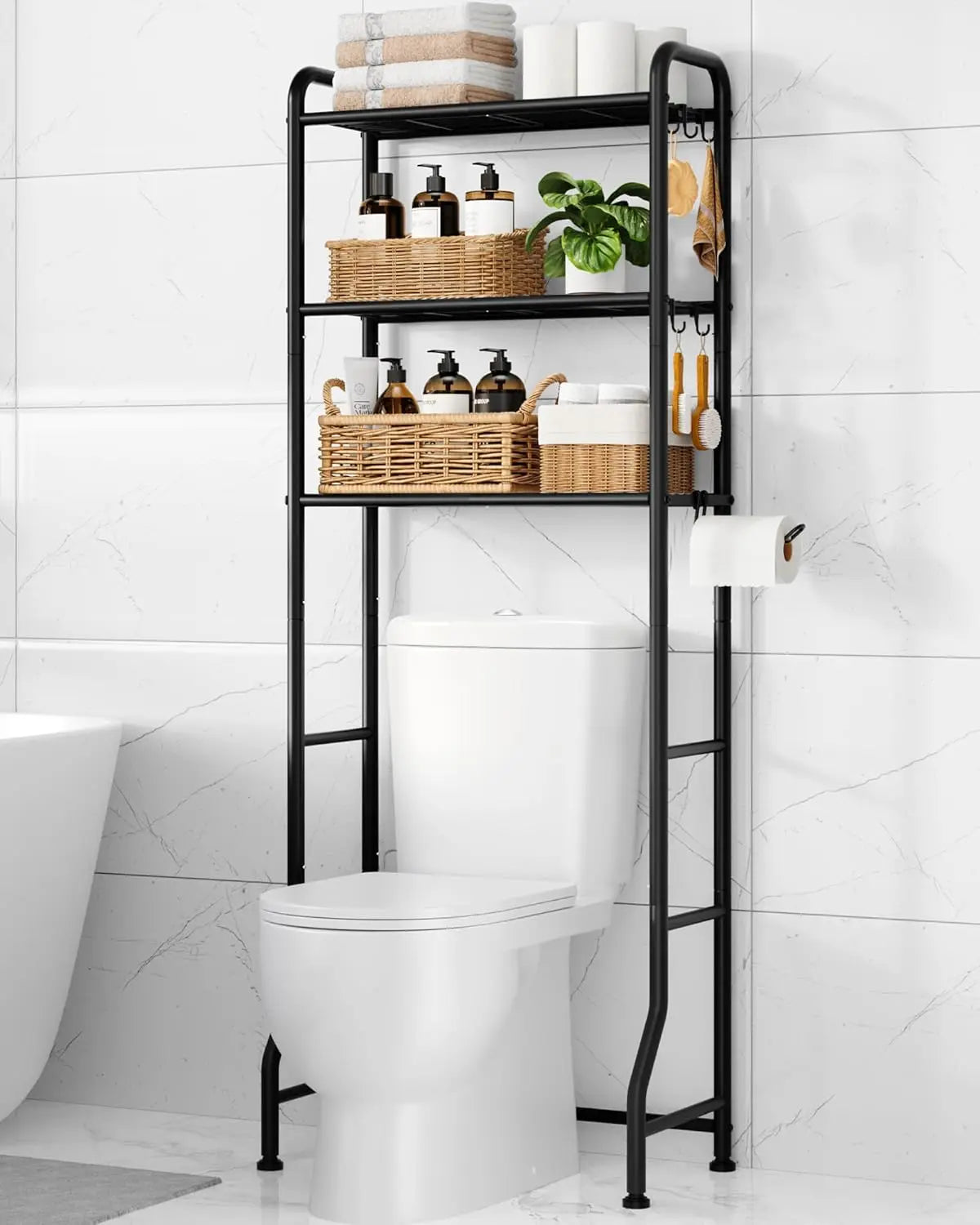 Over Toilet Storage Rack - 4 Tier Metal Bathroom Organizer Shelf with Paper Holder and Hooks, Black