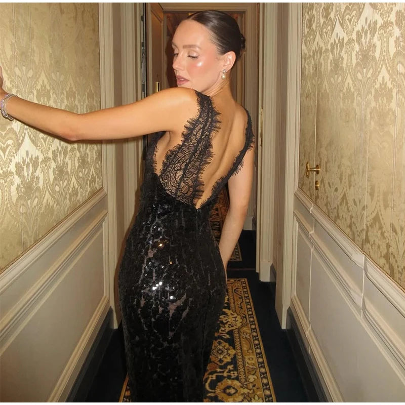 Sexy Deep V-neck Lace Spliced Sequins Long Dress Women Sleeveless Backless Hip Package Slim Dresses 2026 Spring Lady Party Gowns