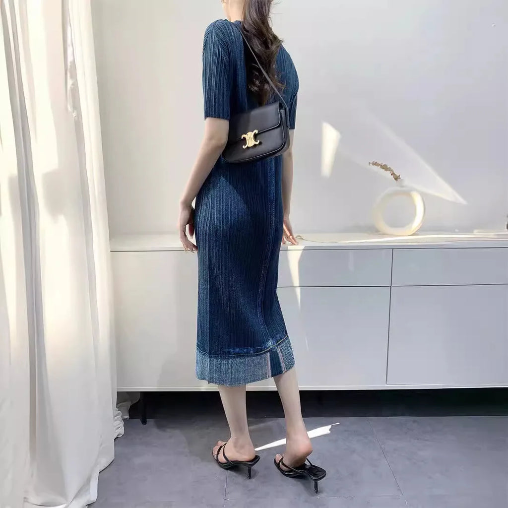 Miyake Pleated Imitation Denim Dress 2025 Summer New Mid-length Slim and Thin Short-sleeved Pleated Skirt