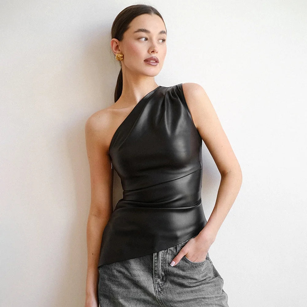 Pure Color Slim One-Shoulder Sleeveless Jacket with Slanting Collar And Zipper for Women Fall Winter 2025 Fashion Show Thin