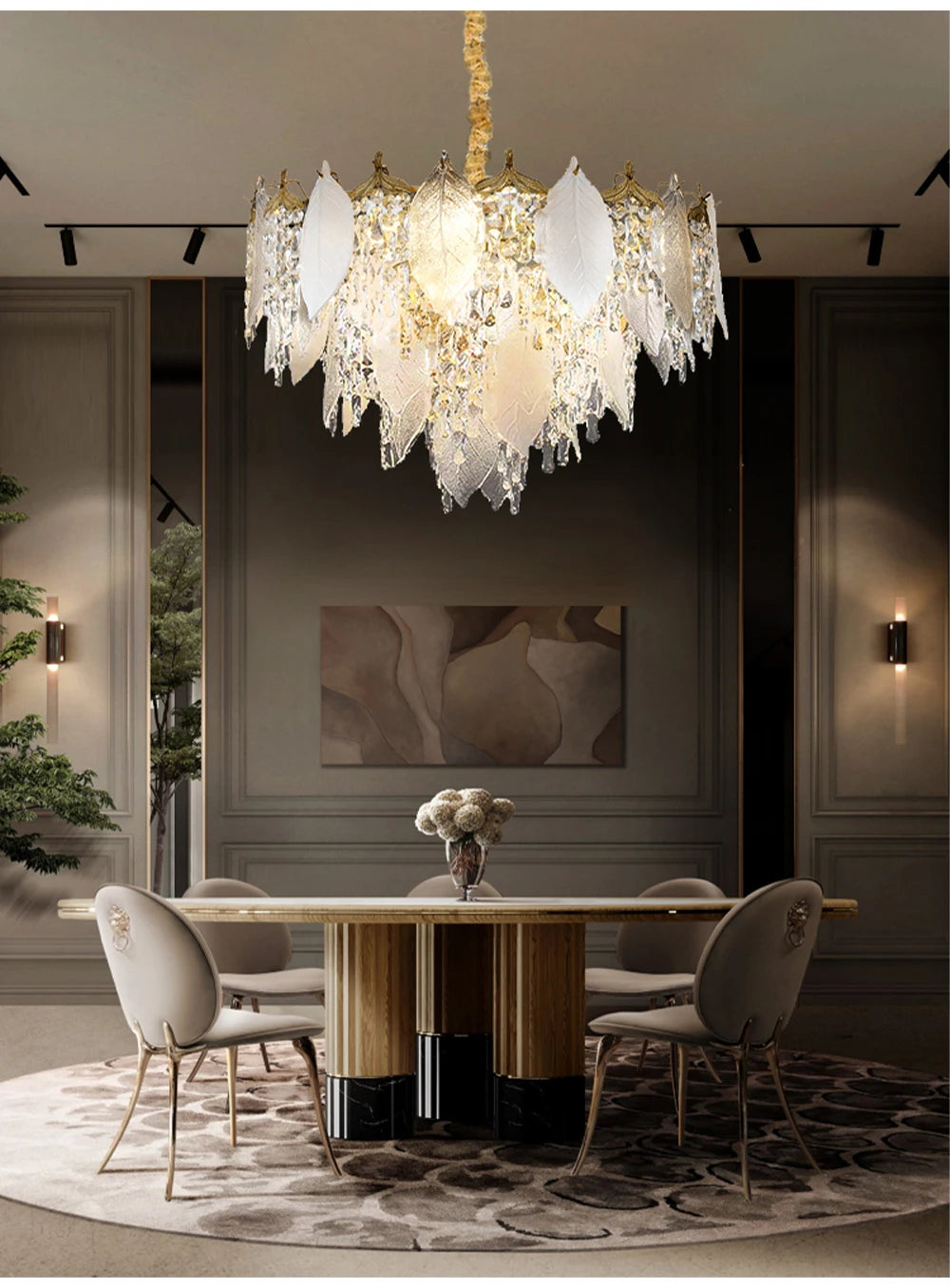 Luxury Porcelain Glass Leaves Chandelier Modern Crystal Hanging Lamps Home Decor Lighting Lustre Villa Living Room Pendant Light