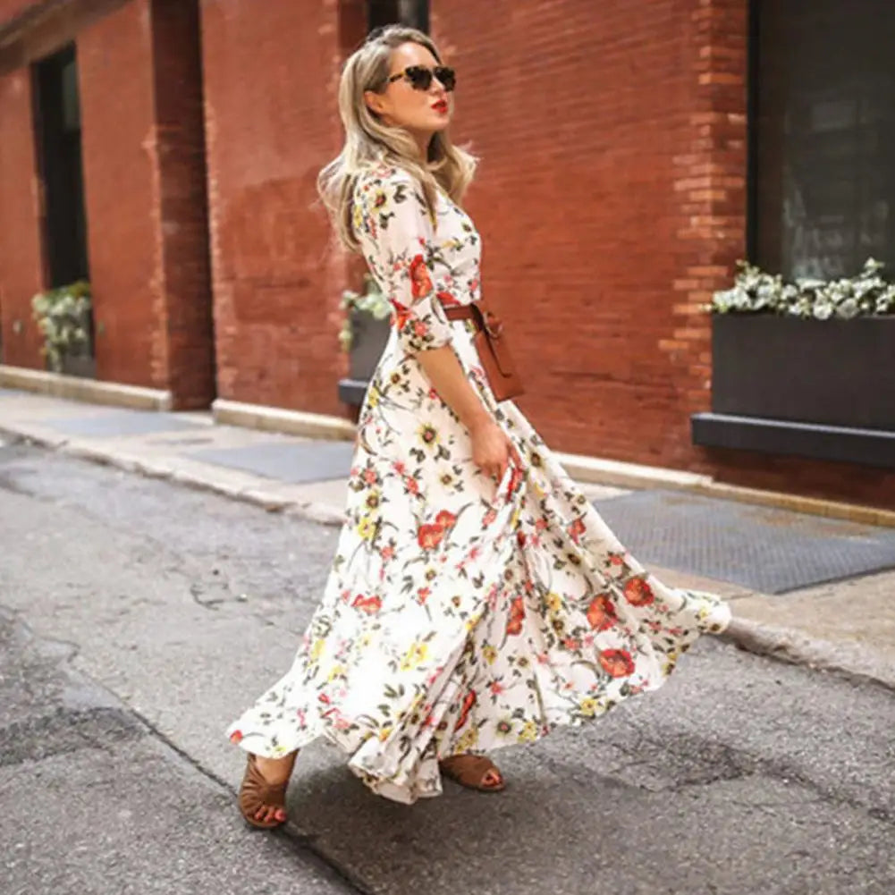 Women Printed Chiffon Dress Elegant Floral Maxi Dress for Women A-line Silhouette with High Waist Half Sleeves for Spring Fall