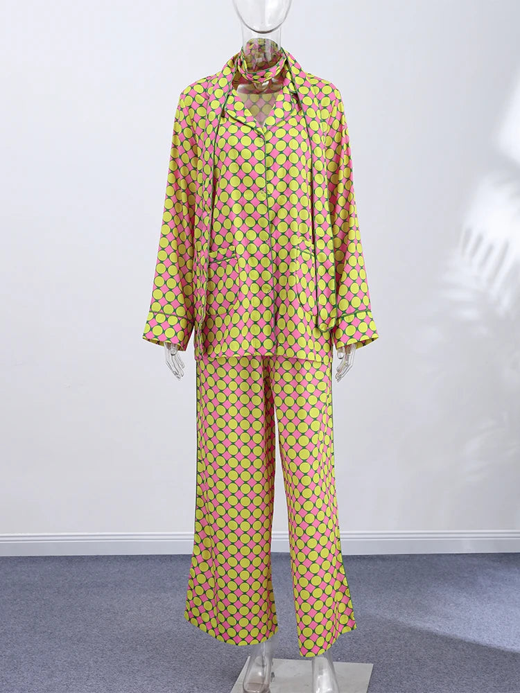 Vacation Geometric Printed Loose Pants Sets Women Lapel Full Sleeve Pocket Shirts Wide Leg Pant Suits 2026 Summer Street Outfit