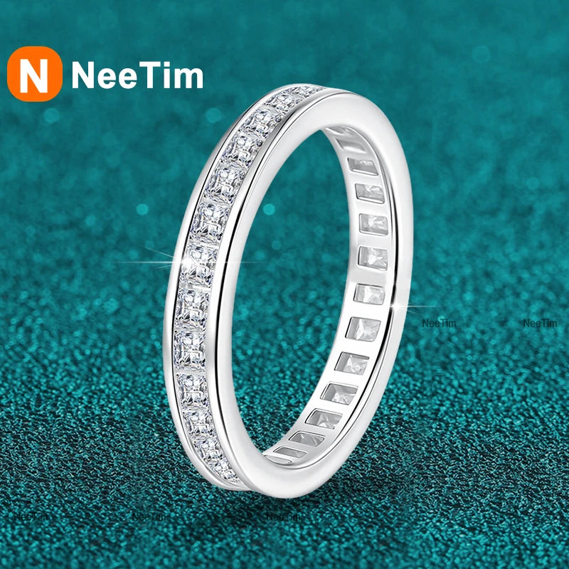 NeeTim Full Princess Cut Moissanite Ring for Women 925 Sterling Silver Sparkling Engagement Wedding Rings Fine Jewelry Bands