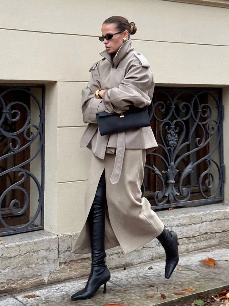 Khaki Lace Up Cape Trench Coat Loose Solid Full Sleeve Lapel Windbreaker 2026 Autumn New Fashion Commute Casual Daily Coats