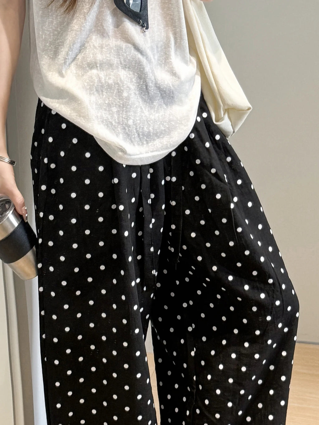 Linen Polka Dot Wide-Leg Pants for Women's Summer, Thin High-Waisted Loose and Laid-Back Style Yamamoto Pants, Casual Straight-L