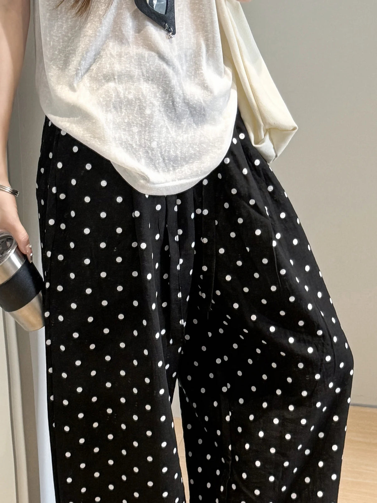Linen Polka Dot Wide-Leg Pants for Women's Summer, Thin High-Waisted Loose and Laid-Back Style Yamamoto Pants, Casual Straight-L