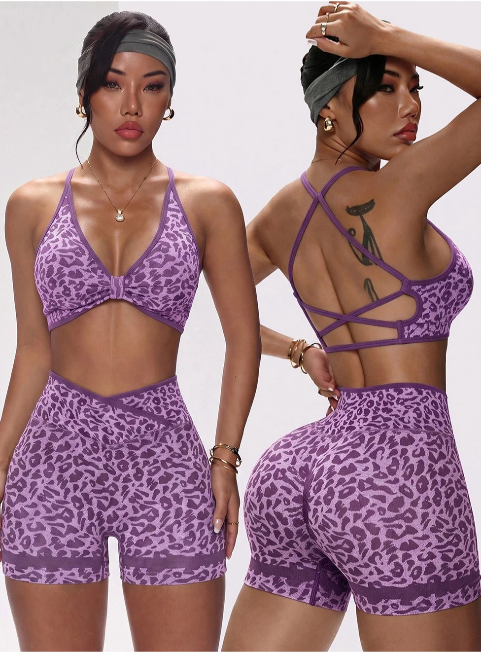 Women Seamless Leopard Print Yoga Outfit Cross Back Sports Bra and Biker Shorts 2 Piece Set Gym Workout Fitness Active Wear