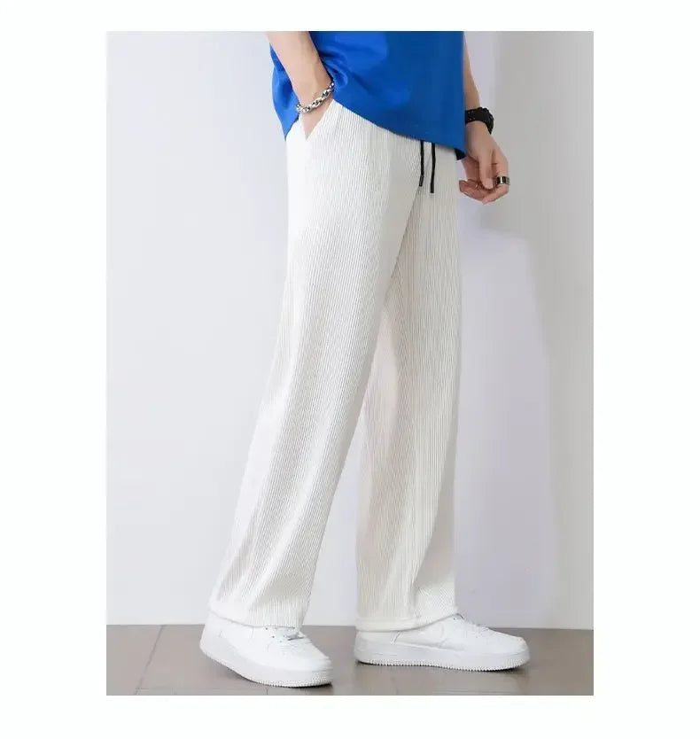 Summer White Casual Pants Men's Ice Silk Pants Men's Drape Floor Mop Pants  Korean Straight Loose Wide Leg Long Pants