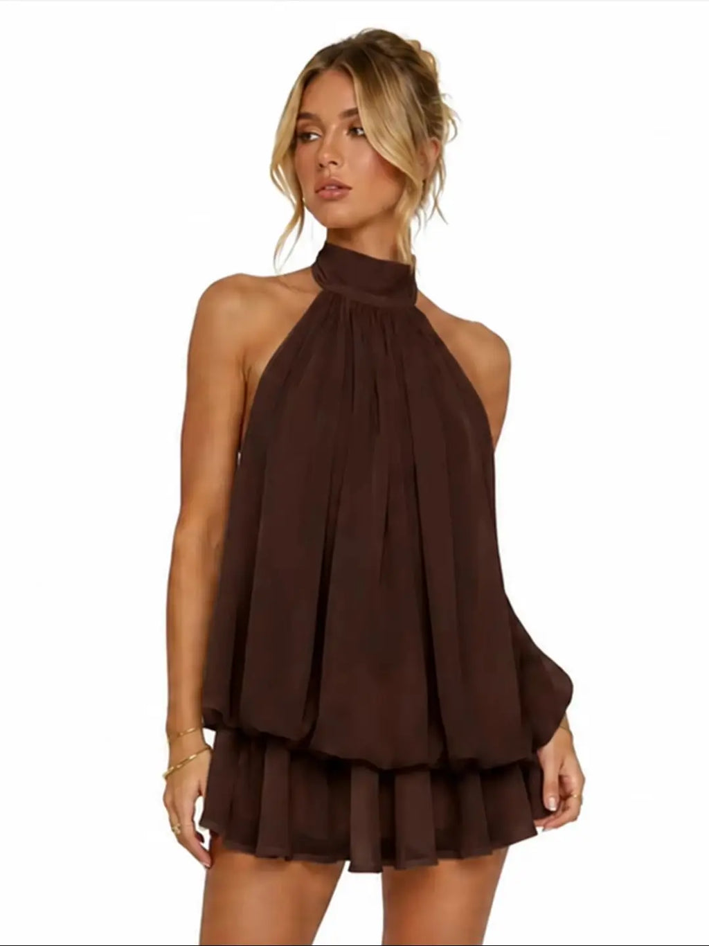 Womens Summer Dresses Halter Tie Mini Dress With Built-in Shorts, Chiffon Elegant A-Line Backless Sundress