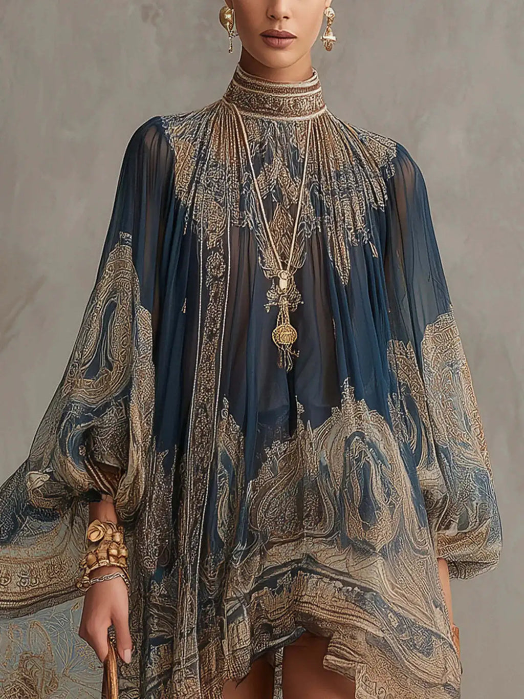 2026 New European and American Turtleneck Printed Chiffon Dress Loose Vacation Style Shawl Long-Sleeved Women's Dress