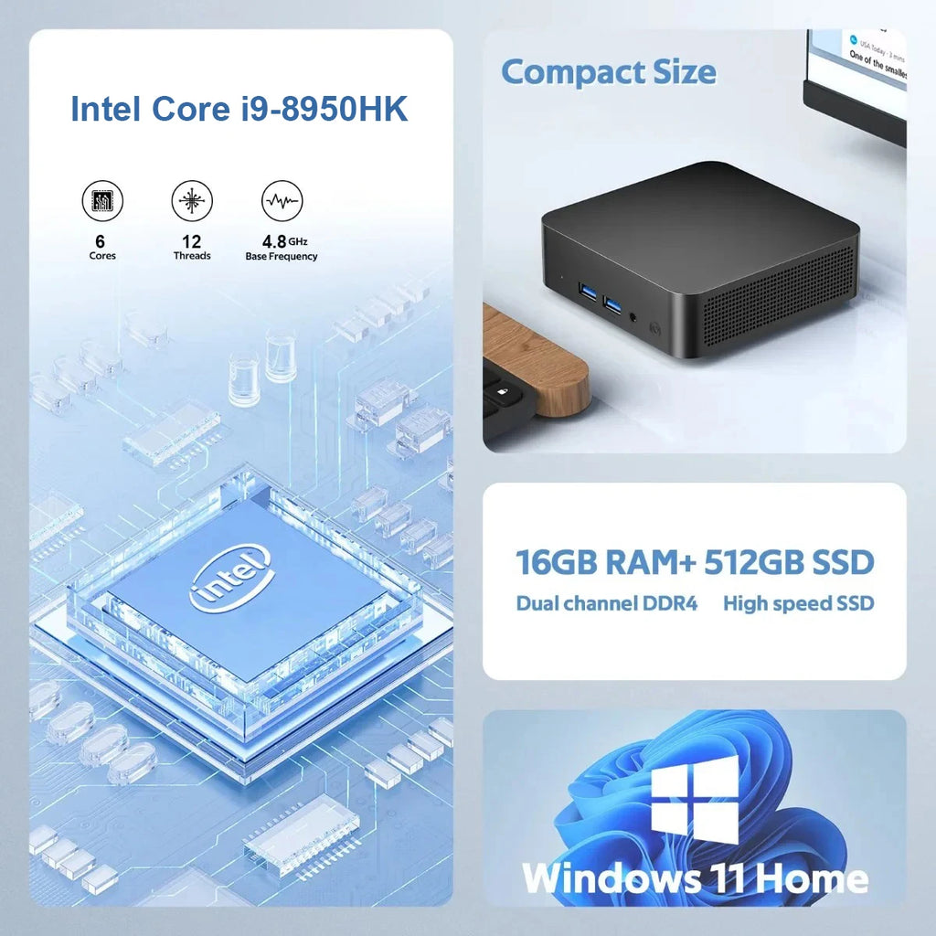 Windows 11 Pro Mini PC Gamer Intel Core I9 8950HK Portable Mini Computer 16GB RAM 512GB 1TB SSD 1000M Ethernet Gaming PC Desktop