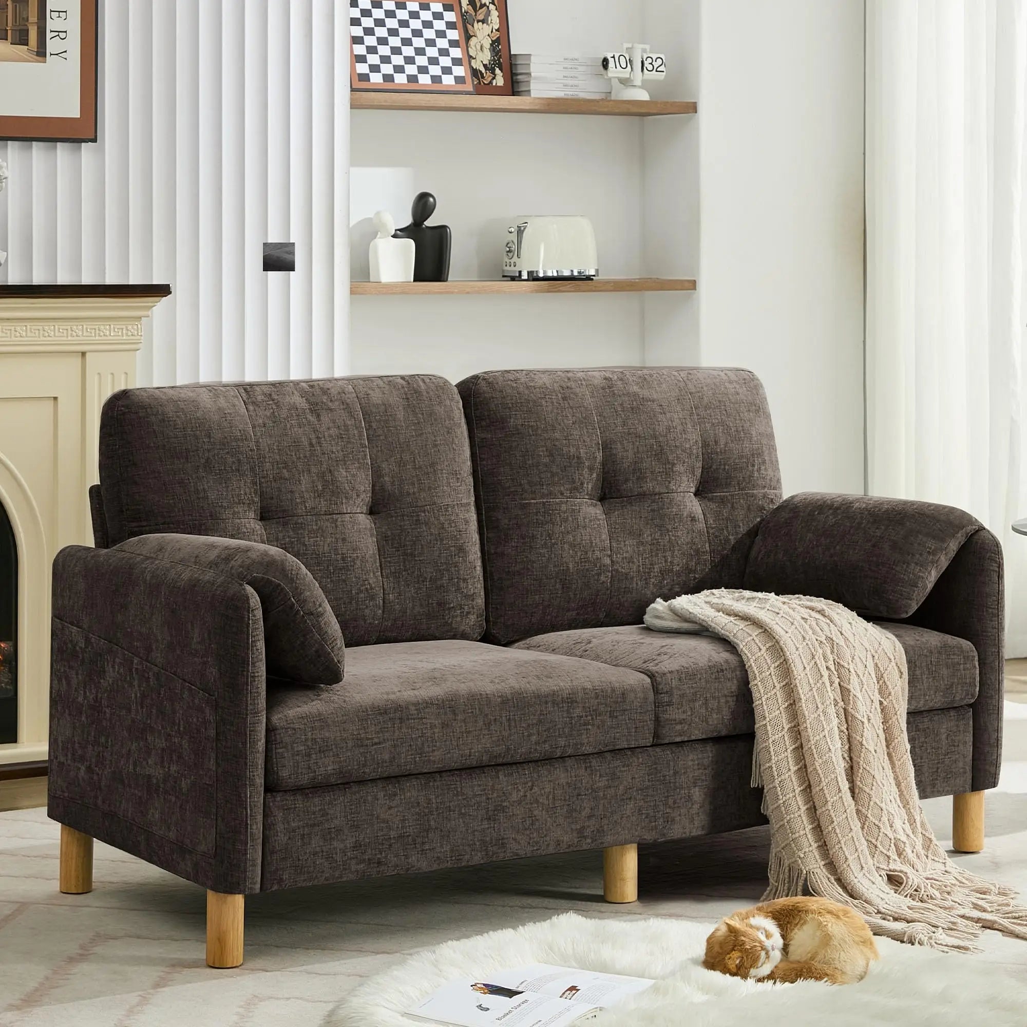 65 Inch Beige Chenille Mid Century Modern Loveseat Sofa with Padded Arms and Storage Pockets for Living Room