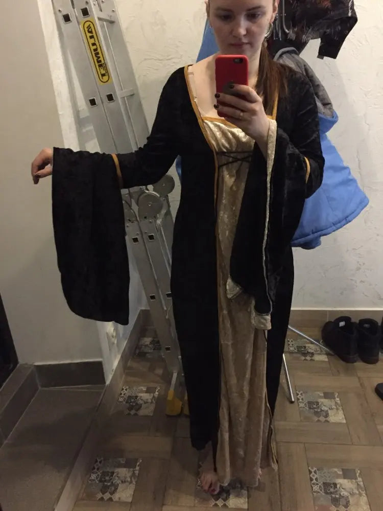 Halloween Women 3XL Plus Size Medieval Retro Court Princress Cosplay Costume Long Dress Elegant Witch Square Collar Masquerade