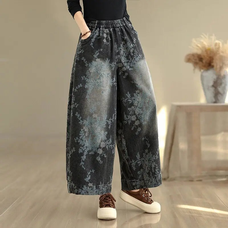 Spring Summer Retro Printed Denim Pants for Women Good Quality Elastic Waist Jeans Loose Casual Wide Leg Straight Trouser