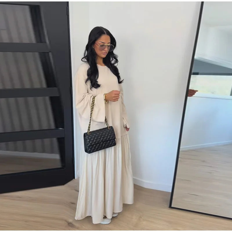 Solid Color Loose Fit Flare Sleeve Tiered Dress Crew Neck Ruffle Hem Pleated Long Maxi Dresses 2026 Spring Chic Casual Outwear