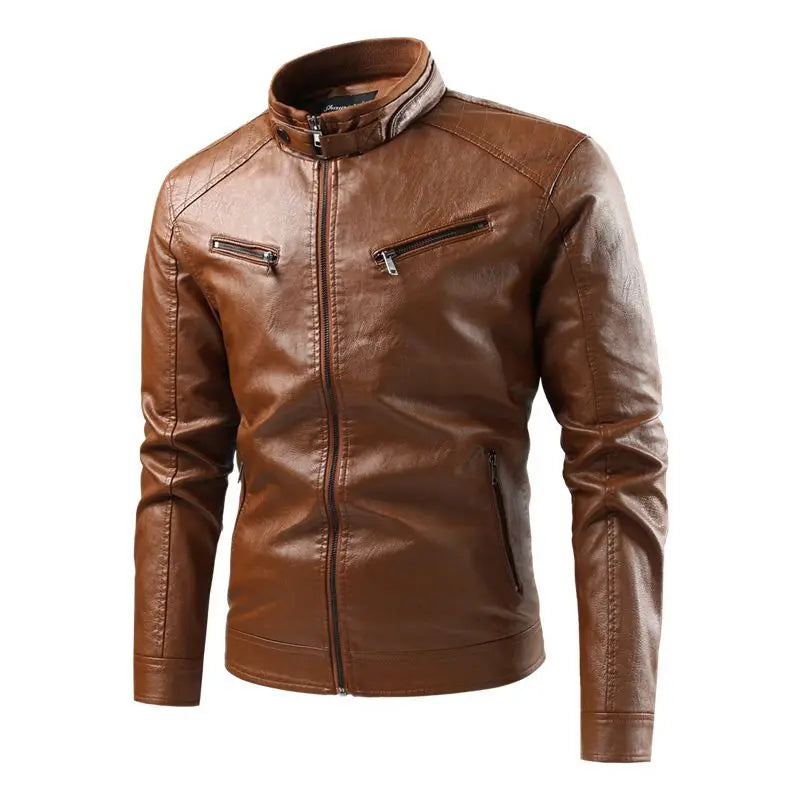 Spring and Autumn Thin Men's Stand-Up Collar Leather Jacket Motorcycle Jacket PU Leather Men's Vintage Jacket