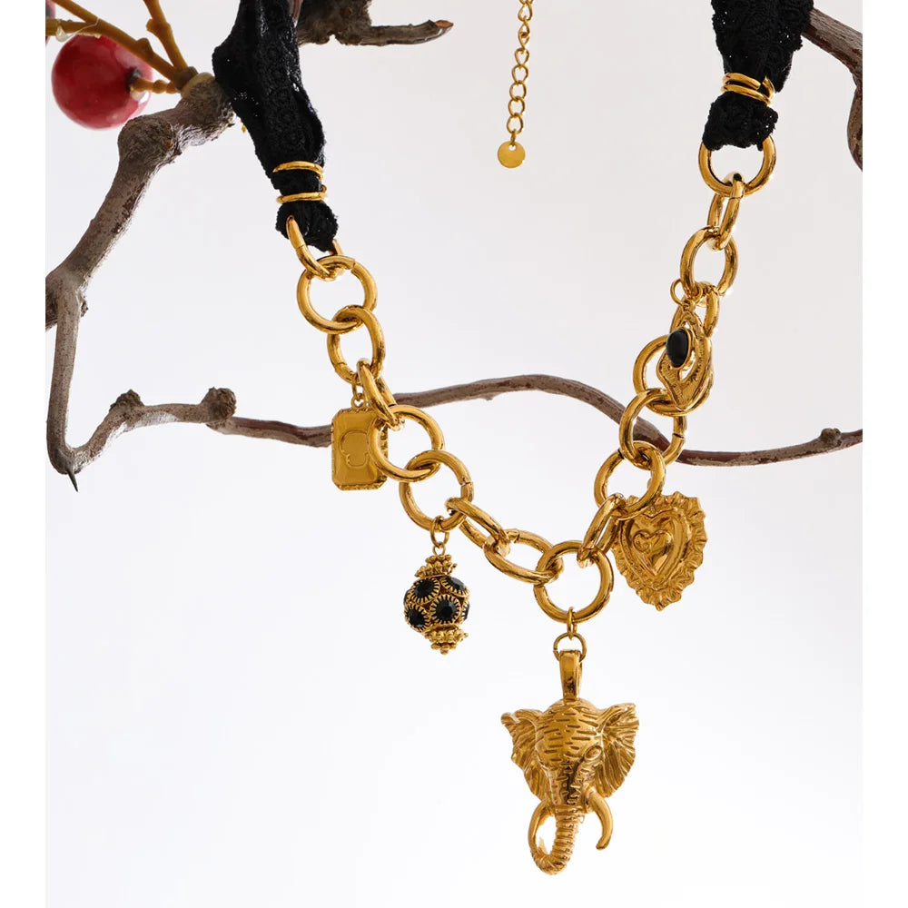 Yhpup 2025 Black Lace Chain Heart Elephant Pendant Statement Necklace 18K Golden Plated Stainless Steel Charms Handmade Jewelry