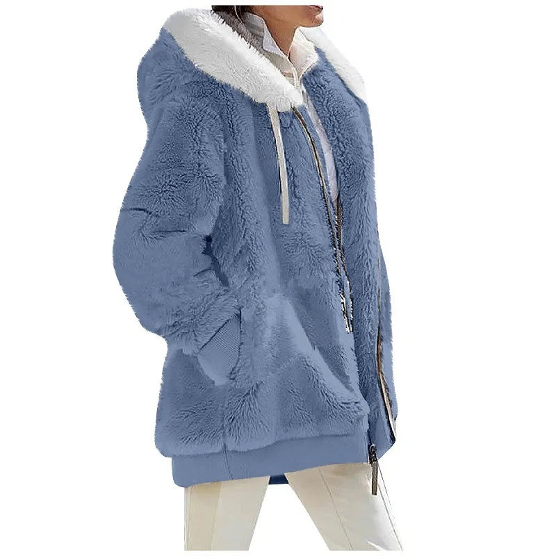 New Style Winter Fashion Women's Coat Casual Hooded Zipper Ladies Clothes Cashmere Women Fleece Jacket Solid Color Ladies Coats