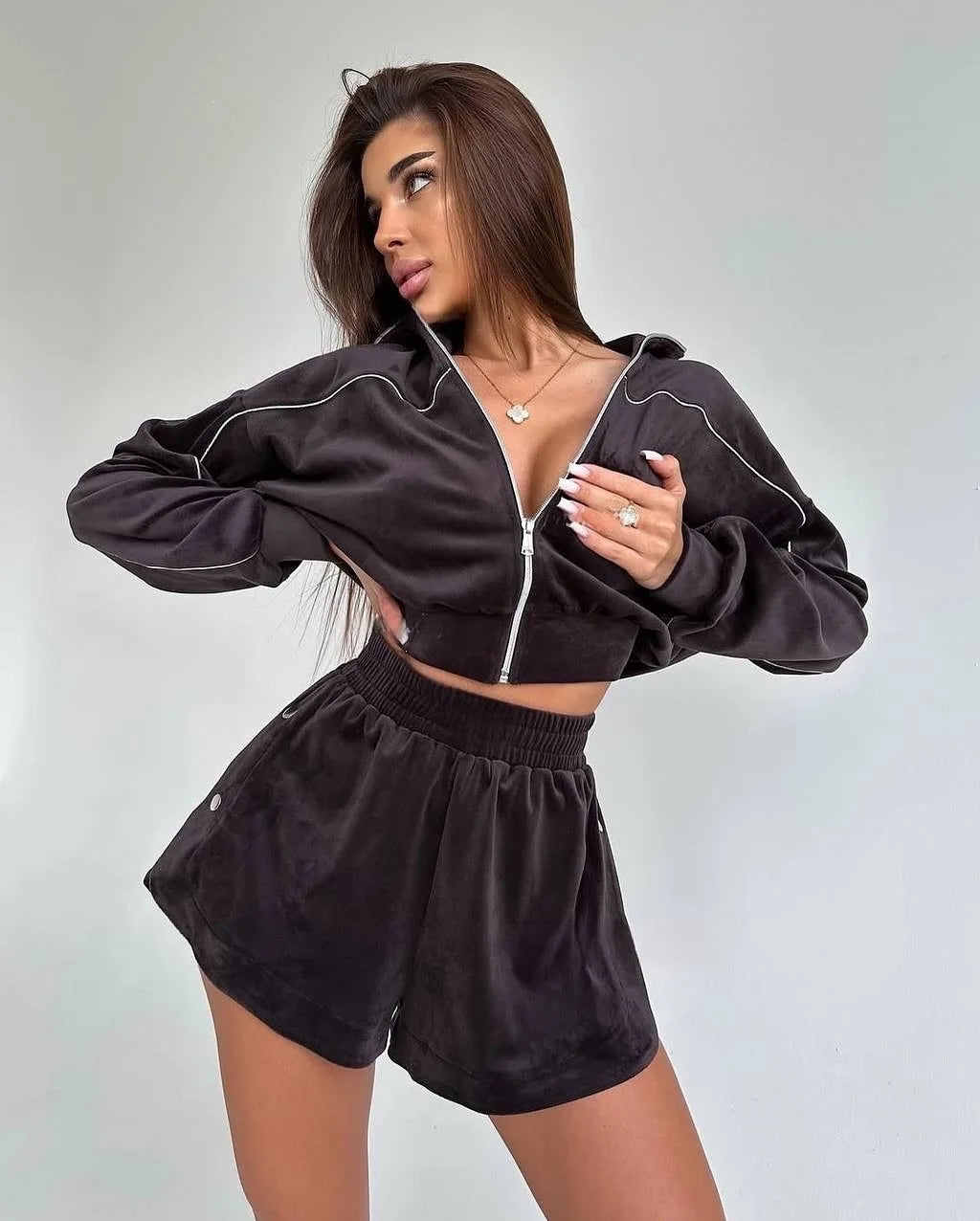Summer Women Long Sleeved Zipper Two Piece Sets Top Elastic Shorts Outfits Fashion Striped Casual Suits Lapel Tracksuits 2026
