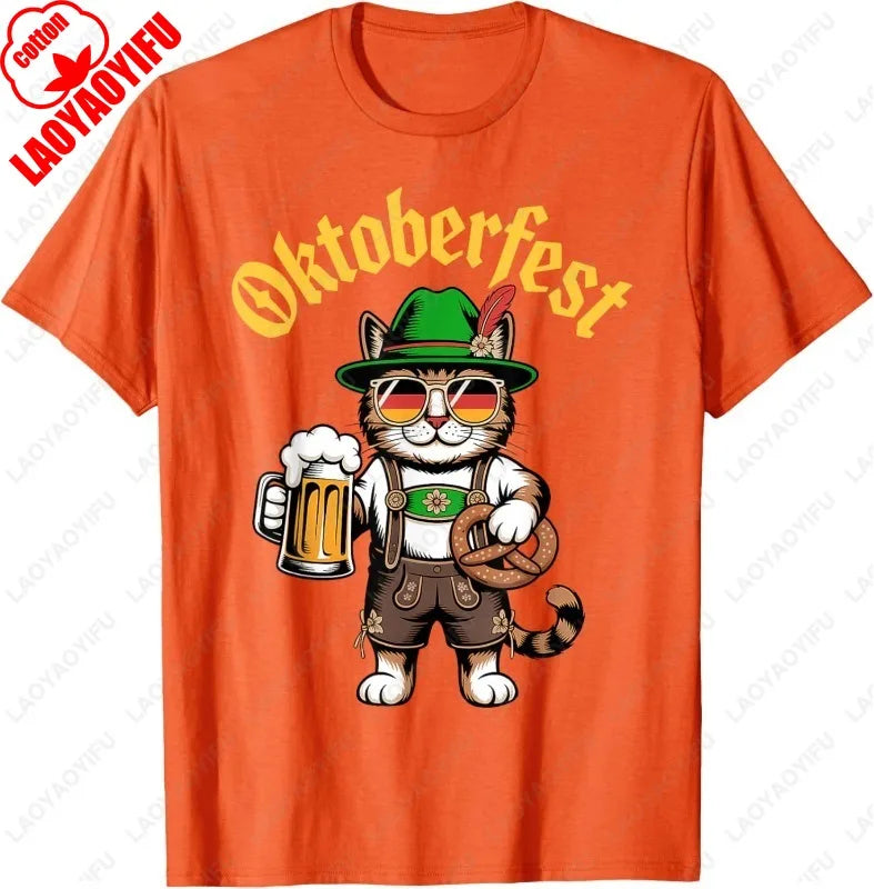 Funny Oktoberfest Cute Cat Pretzel Beer Funny Party Adults T-Shirt Fashion Y2k Streetwear Men Woman High Quality Cotton Tees