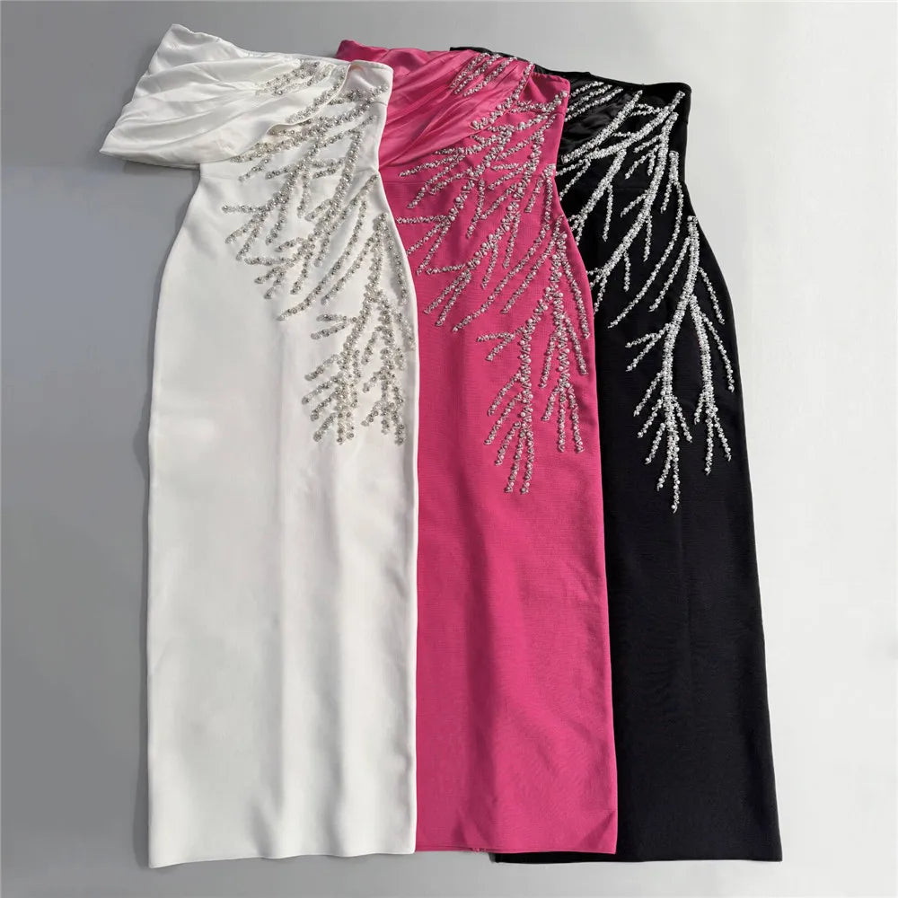 Women Sexy Off Shoulder Bandage Dress Beading Patchwork Clothes Club Party Celebrity Elegant Dresses