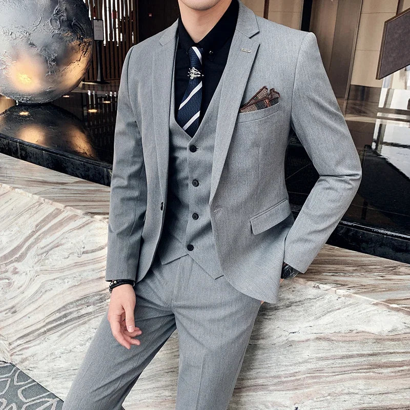 S-7XL ( Blazer + Vest + Pants ) Striped Plaid Solid Color Mens Formal Business Suit 3Pcs Set Groom Wedding Social Show Dress