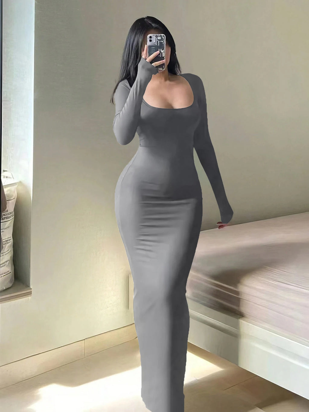 Women's Solid Long Sleeve Bodycon Dress, Chic Basic Minimalist Causual Fashion Scoop Neck Long Dress, Womenswear