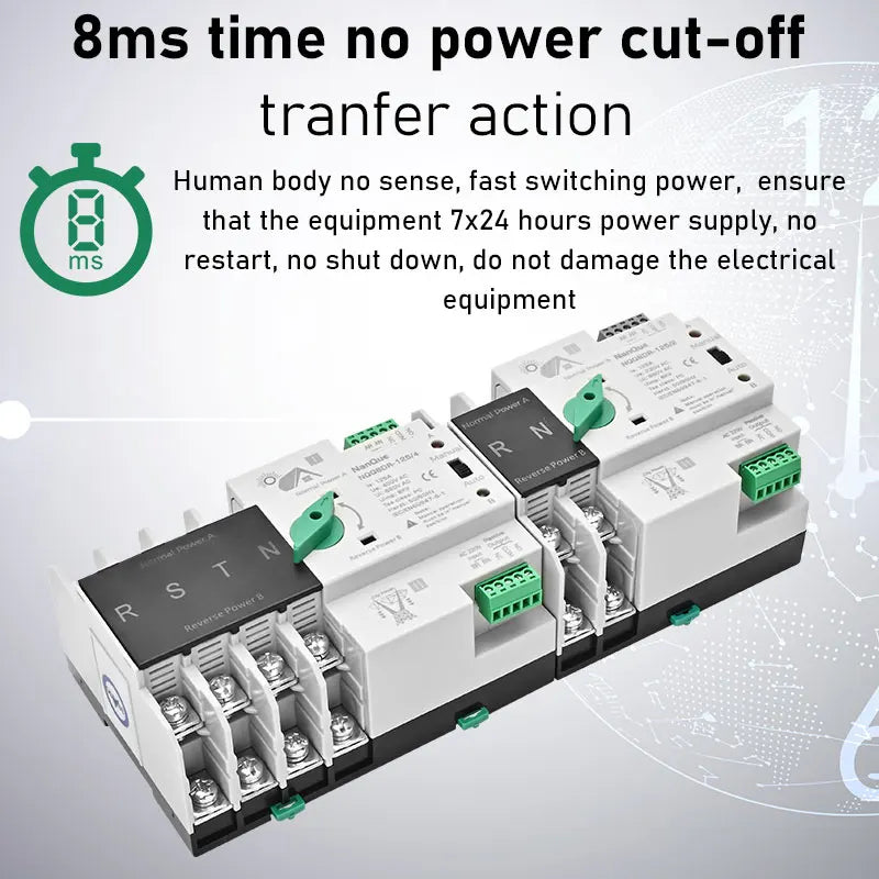 ATS Switch Dual Power Automatic Transfer 2P 125A 63A 100A AC DC Solar Inverter Circuit 3P 4P Three Phase 230V 400V No Diconnect