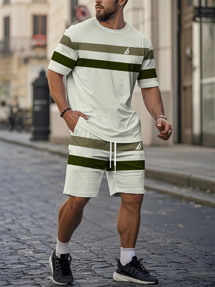 Men's New Summer Suit Fashion Striped Printed Round Neck Short Sleeve Shorts Two-piece Loose Breathable Home Fitness Style