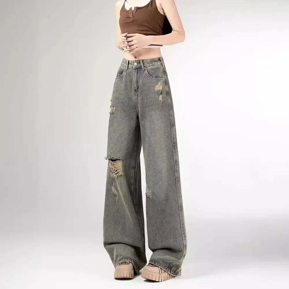 Women's Vintage Distressed Jeans High Waist Wide Leg Straight Denim Pants Loose Fit Summer Trousers 2025