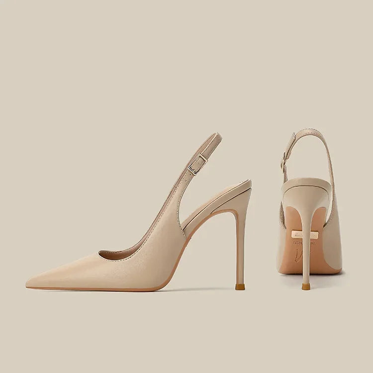 2026 New Slim Heel Flat Buckle Toe Back Empty Sandals with Pointed Soft Leather Toe Strap for Women's Commuting Single Shoes