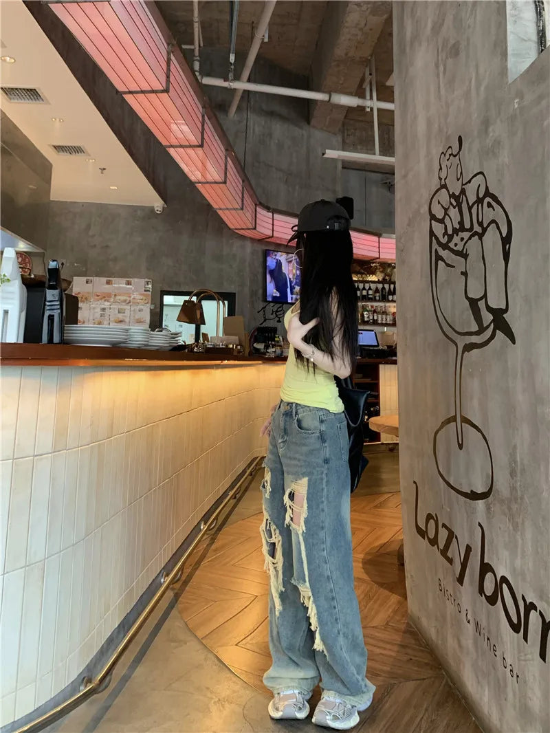 Retro Ripped Jeans for Women Summer High Waisted Loose Straight Leg Pants 2026 New Casual High Street Wide Leg Denim Trousers