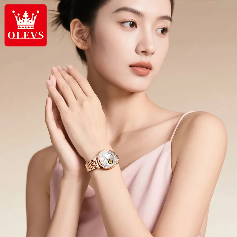 OLEVS 6732 Women's Watches Elegant Rose Gold Stainless Steel Hollowed Diamond Dial Automatic Mechancial Watch Gift Box for Women