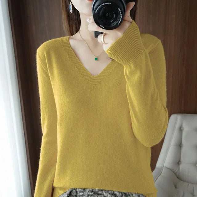 Women's Sweater 2025 Autumn Winter Knitted Pullovers V-neck Slim Fit Bottoming Shirt Solid Soft Knitwear Jumpers Basic Sweaters