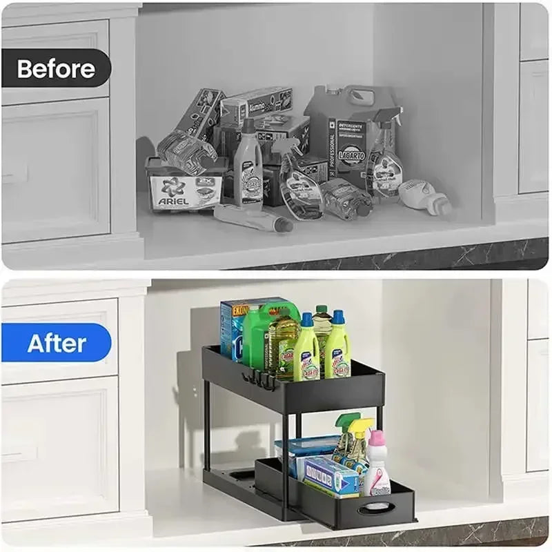 Kitchen Bathroom Under Sink Organizer 2-Tier Sliding Storage Basket Multipurpose Shelf with Hanging Cup and Hook Accessories